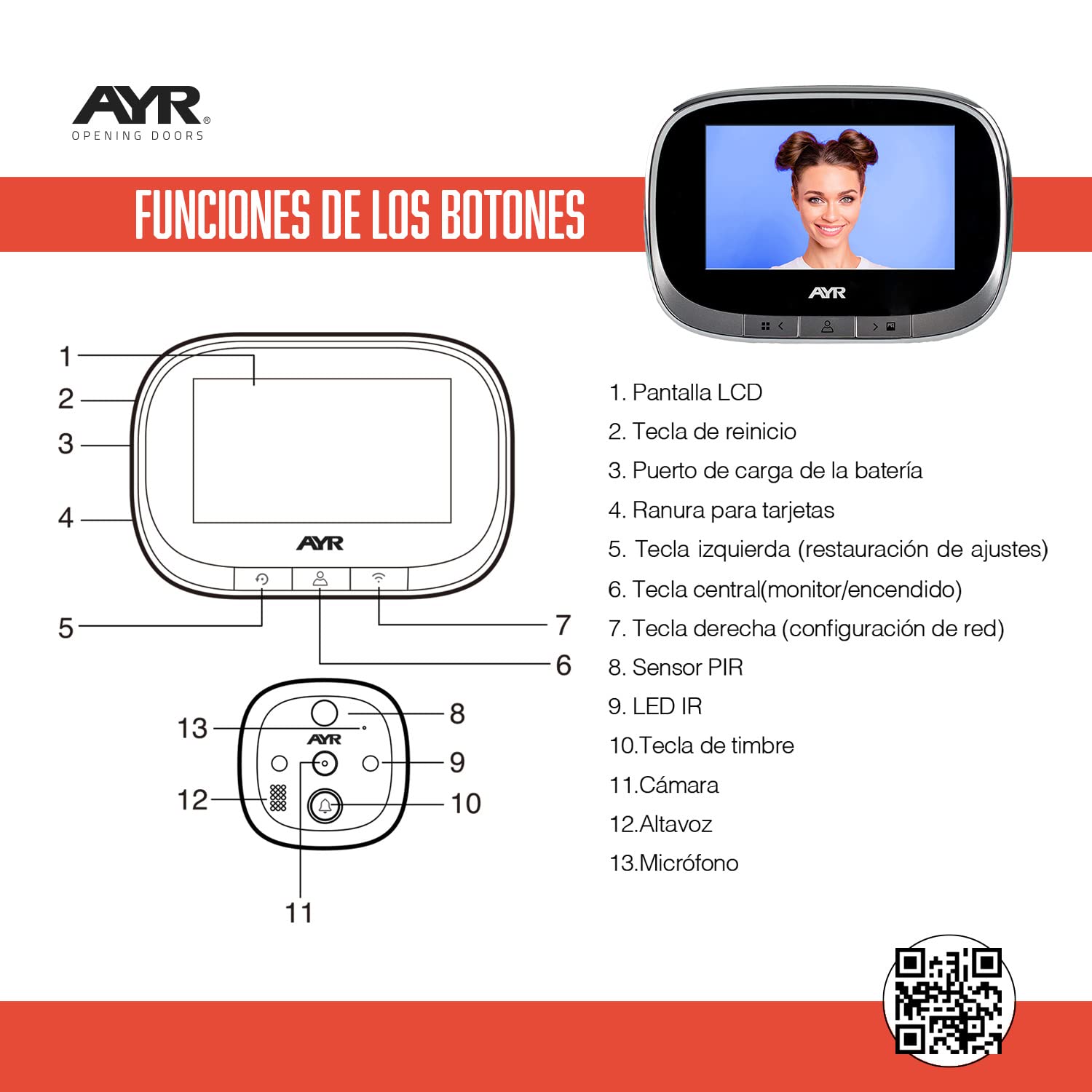 AYR Mirilla Digital de Puerta con Gran Pantalla a Color de 4,3". Cámara con Infrarrojos y visión Nocturna, PIR; detección de Movimiento. Batería Recargable. Modelo 763 WiFi.