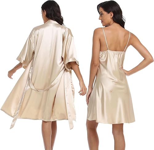 Miniatura 5 de Conjunto de bata de satén para mujer, conjunto de pijama de 2 piezas, lencería sexy, ropa de dormir suave, camisón tipo kimono sedoso con camisola