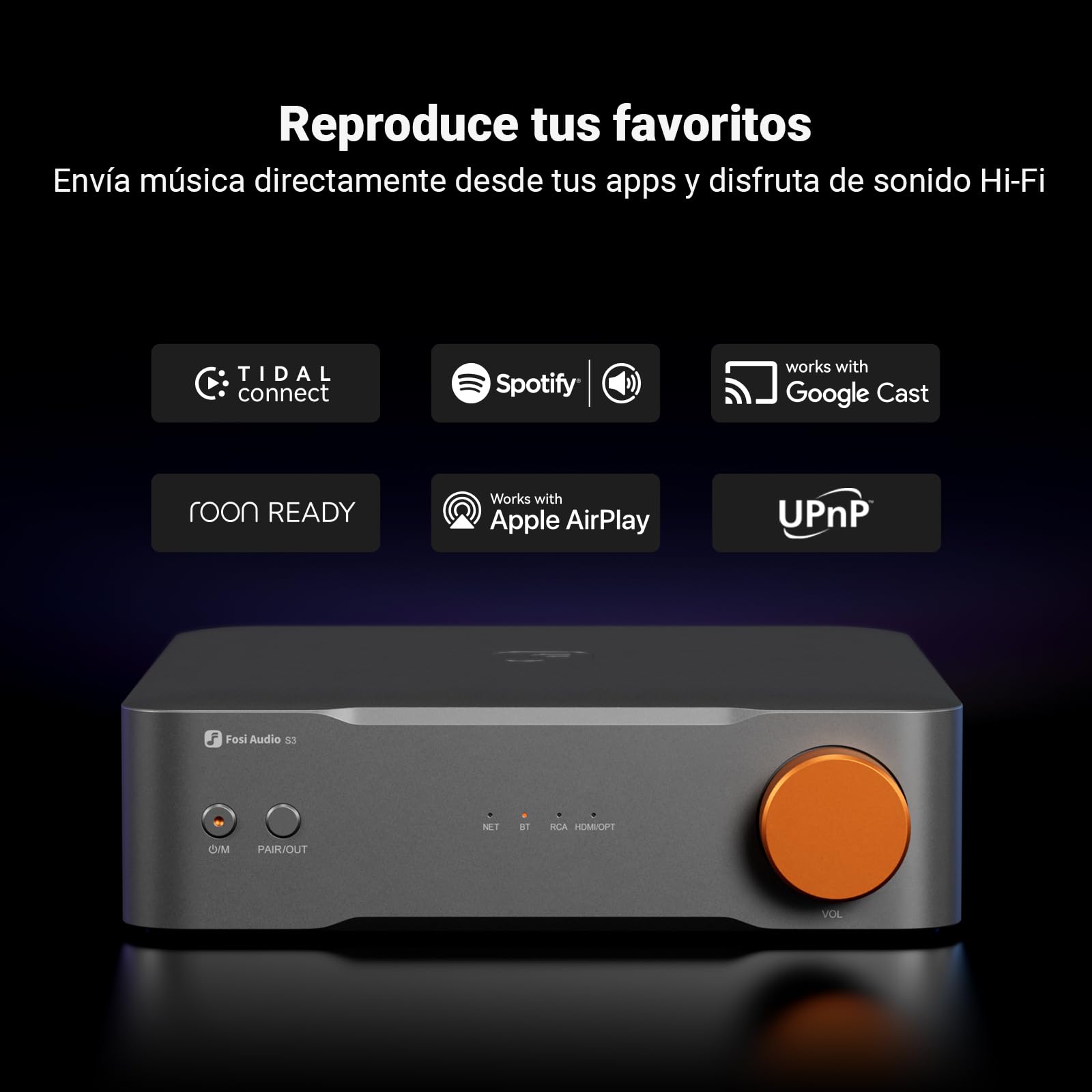 Fosi Audio S3 HiFi Music Streamer DAC Preamplificador, DAC Wi-Fi 6 Bluetooth 5.3,Transporte Digital Con Salida XLR Balanceada/Óptica/Sub/HDMI eARC,AirPlay 2 Spotify Connect Tidal, Ecualizador 5 Bandas