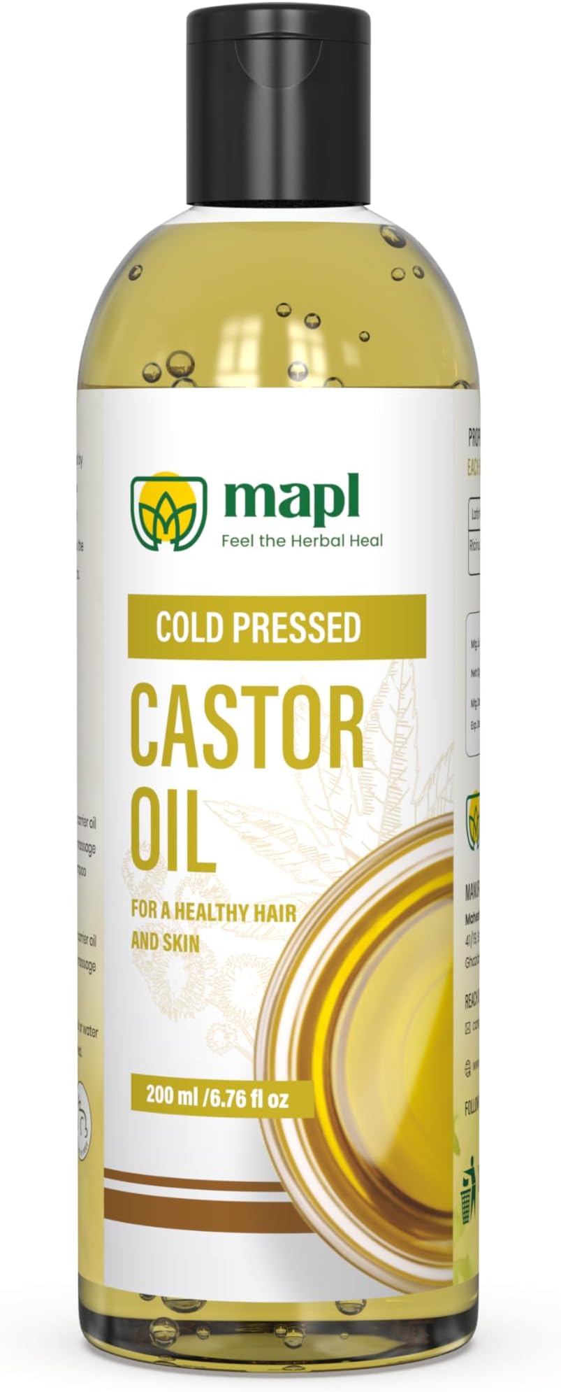 Mapl Castor Oil | Cold Press | 100% Natural | Arand Tail | For Healthy skin and Hairs|Edible | 200 ML Pure & Virgin Grade