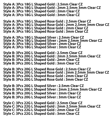 Zifoan 3 Pcs Stainless Steel Nose Rings Studs 20 Gauge L Shaped Curved Nose Piercing Jewelry 2mm 2.5mm 3mm Diamond CZ Nose Stud L Bend for Women Girl Piercing - Gold4