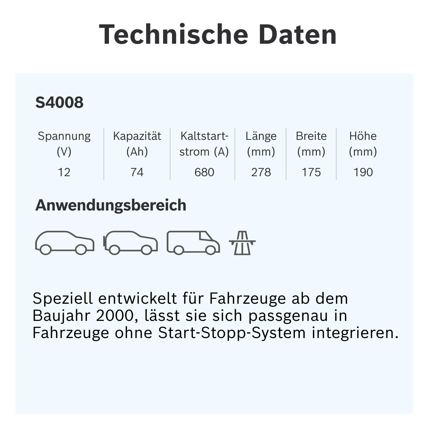 Bosch S4 008 Autobatterie 74 Ah - 680 A - 12 V, Blei-Säure-Batterie für Fahrzeuge ohne Start-Stopp-Automatik - Polarität: links - rechts +, 278 x 175 x 190 mm