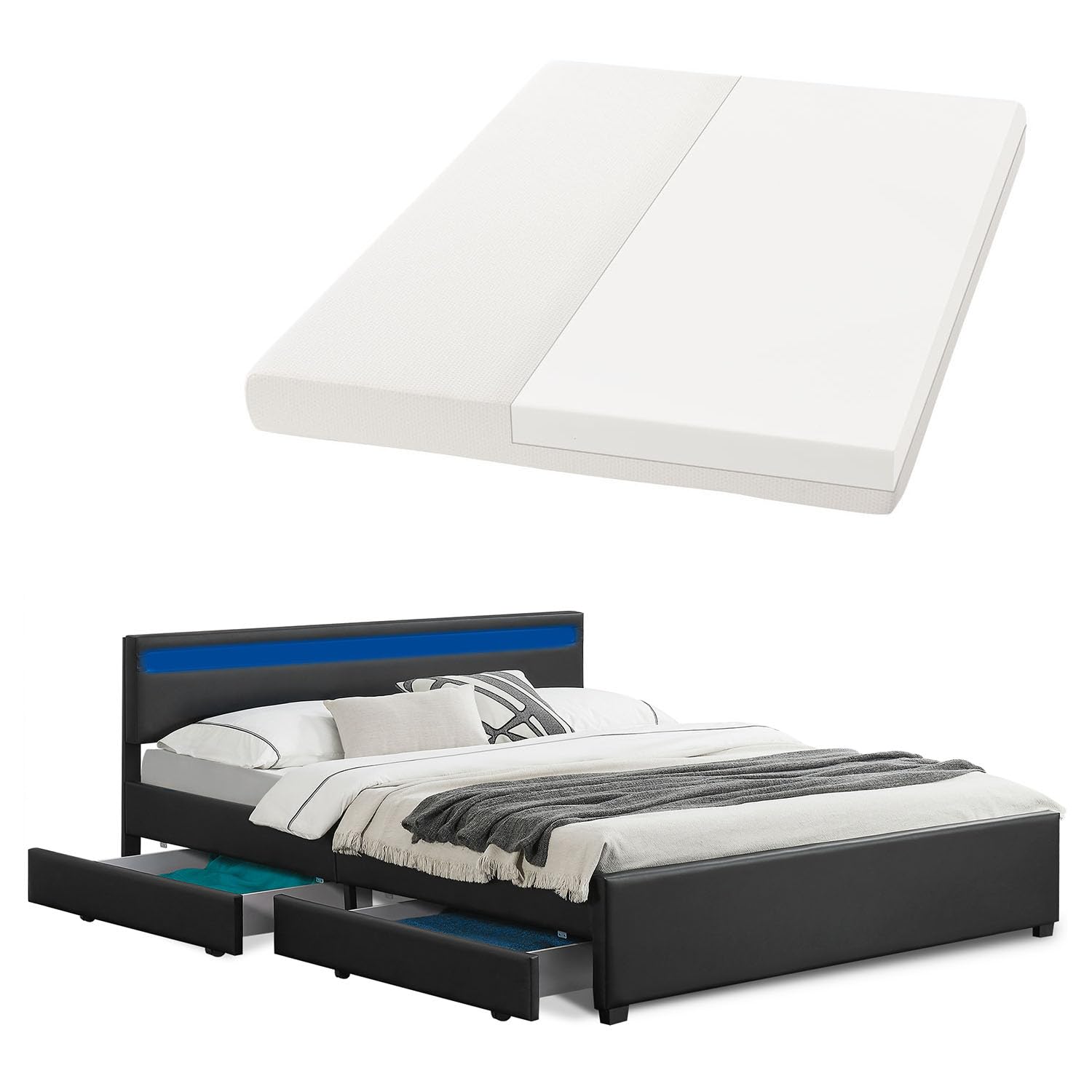 Juskys Polsterbett Lyon 180x200 cm – schwarzes Polsterbett mit Matratze, Lattenrost, Bettkasten und LED-Beleuchtung