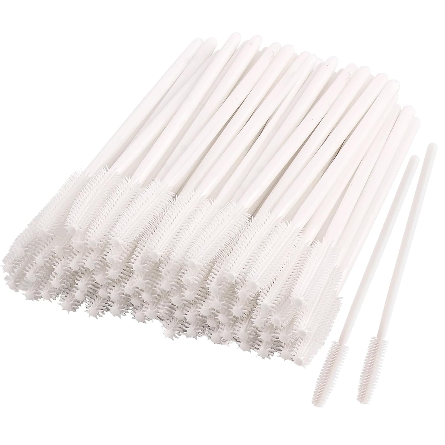 MyAoKuE-UP 100pcs Disposable Silicone Mascara Wands - Soft Eyelash Brushes for Extensions, Mascara & Brow Makeup (All White Bulk)