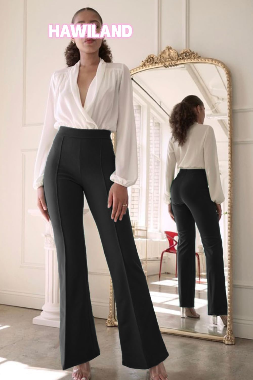 HAWILAND Spodnie dresowe damskie, rozciągliwe, eleganckie spodnie z wysokim stanem, długie spodnie materiałowe, biznesowe, casualowe, bootcut, chinosy