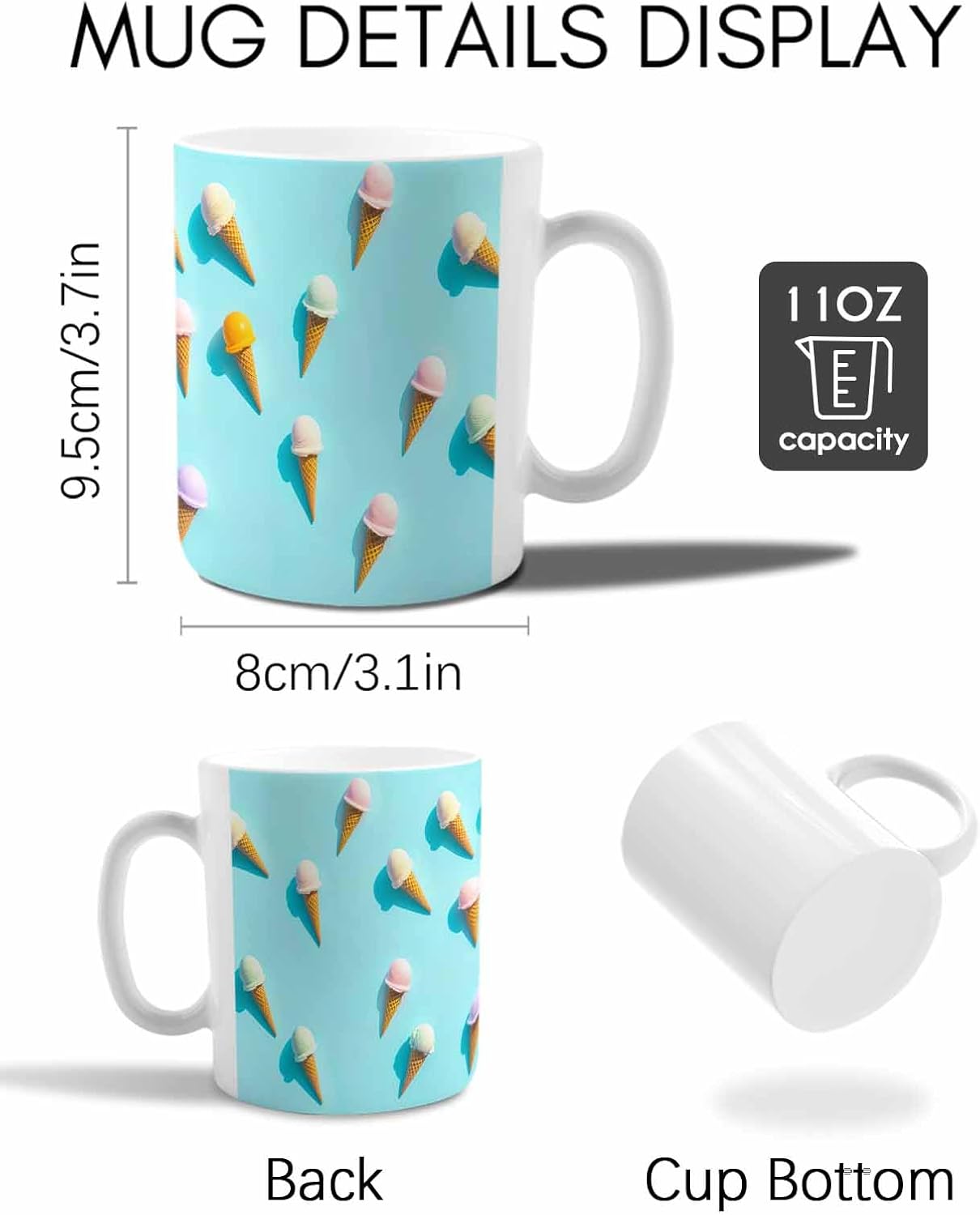 BEMIGO Ceramic Coffee Mug Summer Ceramic Mug White Cup, Ice Cream Insulated Coffee Cup with Handle with Pattern Perfect for Tea and Hot Beverages, 12oz