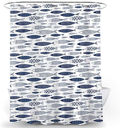 Blue Fish Shower Curtain Abstract Fish Oriental Artistic Print White Background Waterproof Fabric Bathroom Decor Bath Curtain with Hooks 72x72 inch