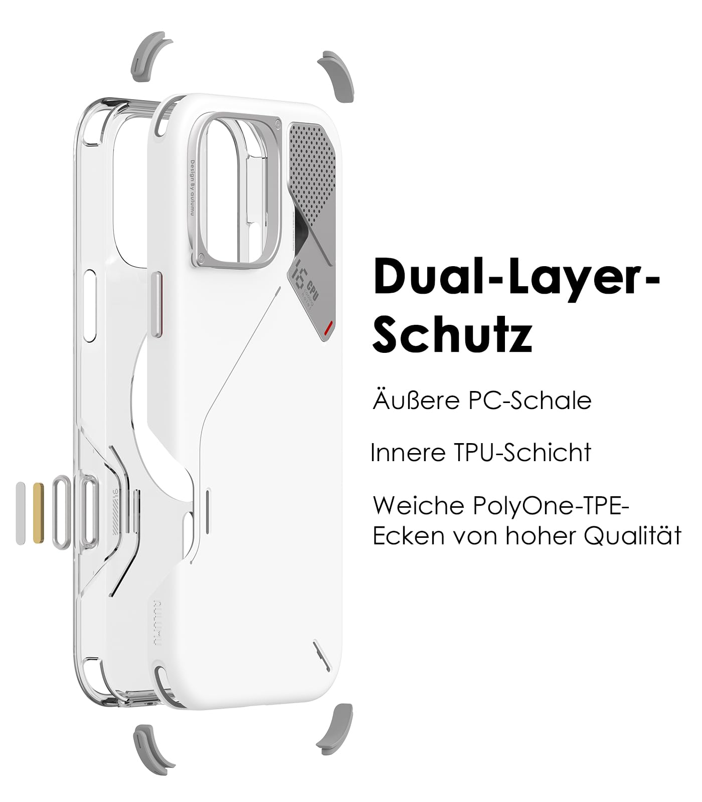 Aulumu A16 stoßfeste Schutzhülle für iPhone 16 Pro Max, aktualisierte Kamerasteuerung, echte Kühlung, Kamerarahmen aus Aluminiumlegierung, mehrschichtiger Verbundschutz, Weiß