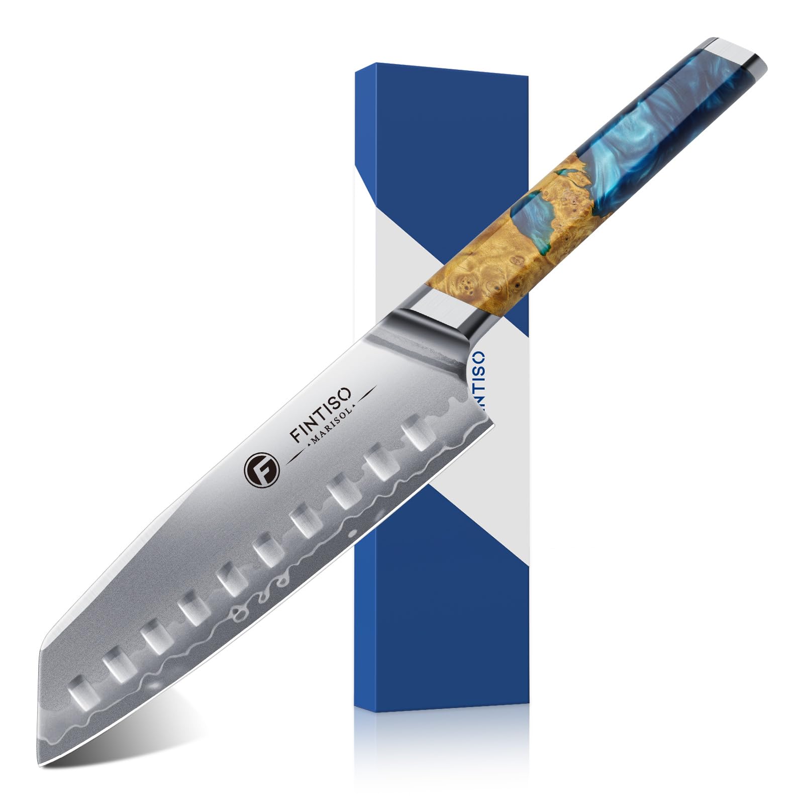 FINTISO Couteau Santoku 18CM Couteau de Chef Japonais Ultra Tranchant, Noyau en Acier en Poudre S35VN, Acier 7 Couches, Manche en Résine Céleste et Bois Stabilisé,Idée Cadeau Parfaite