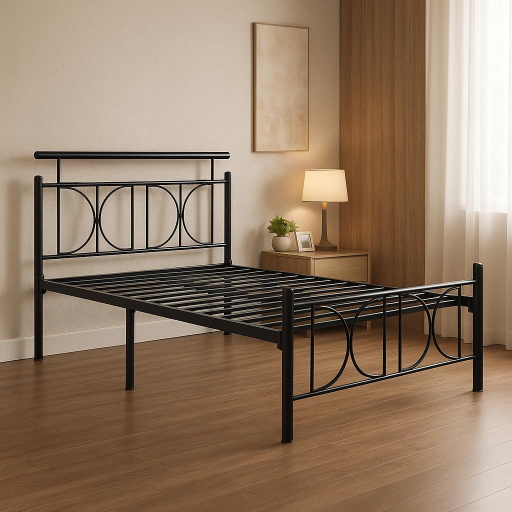 Mexo Metal Single Size Bed Without Storage | Wrought Iron Single Bed with Headboard & Footboard | Sturdy Powder Coated Platform Bed Single Size Cot for Bedroom Black (75x36)-image-12