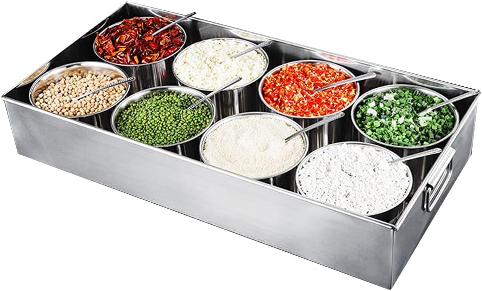 Organizador de especias de acero inoxidable para cocina de hotel con cucharas y tapas