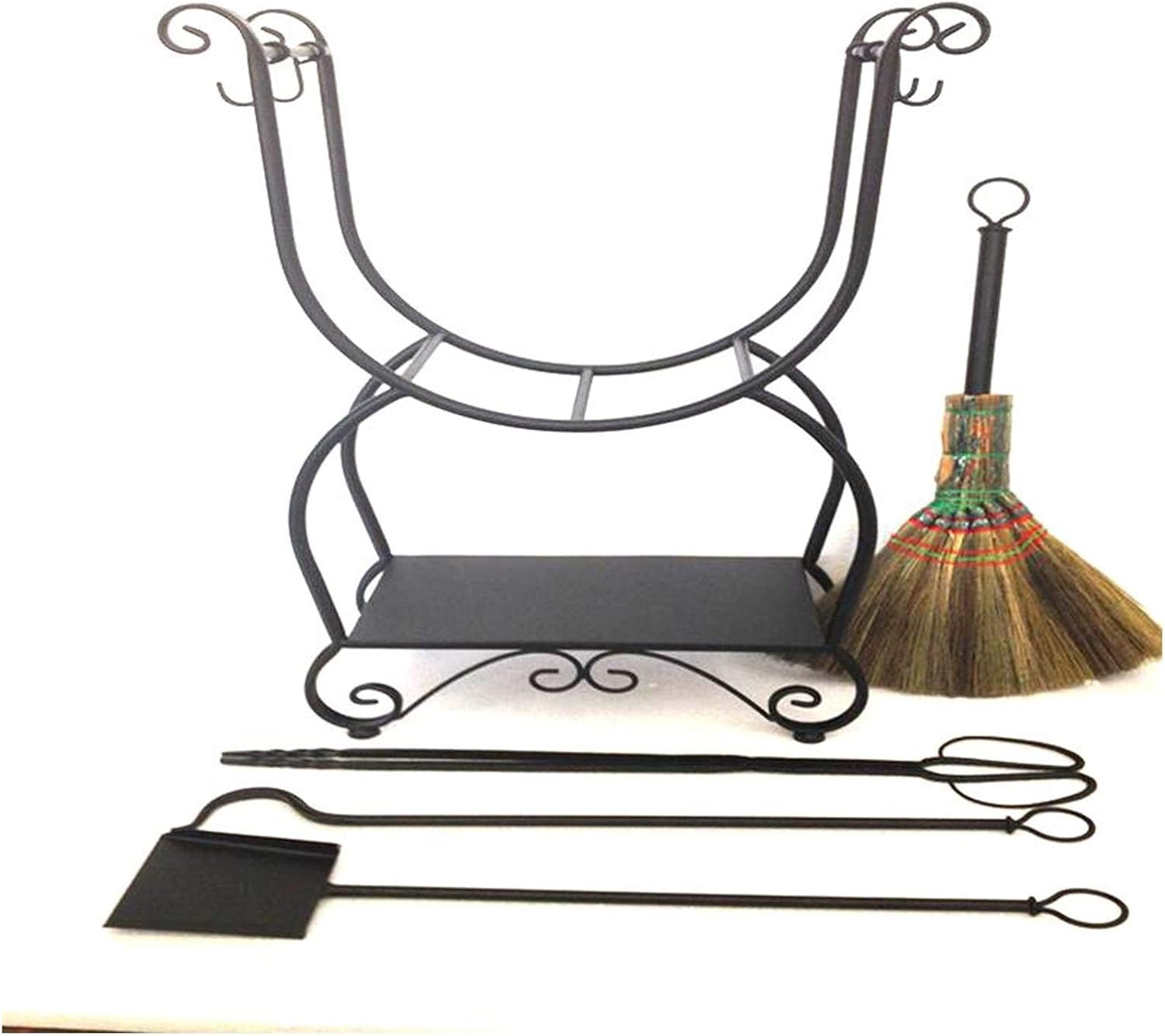 Spark Guard Firewood Stand Log Rack with 4 Fireplace Accessories, Heavy Duty Steel Log Rack Firewood Storage for Indoor Outdoor Coal Holder - 45×20×70cm