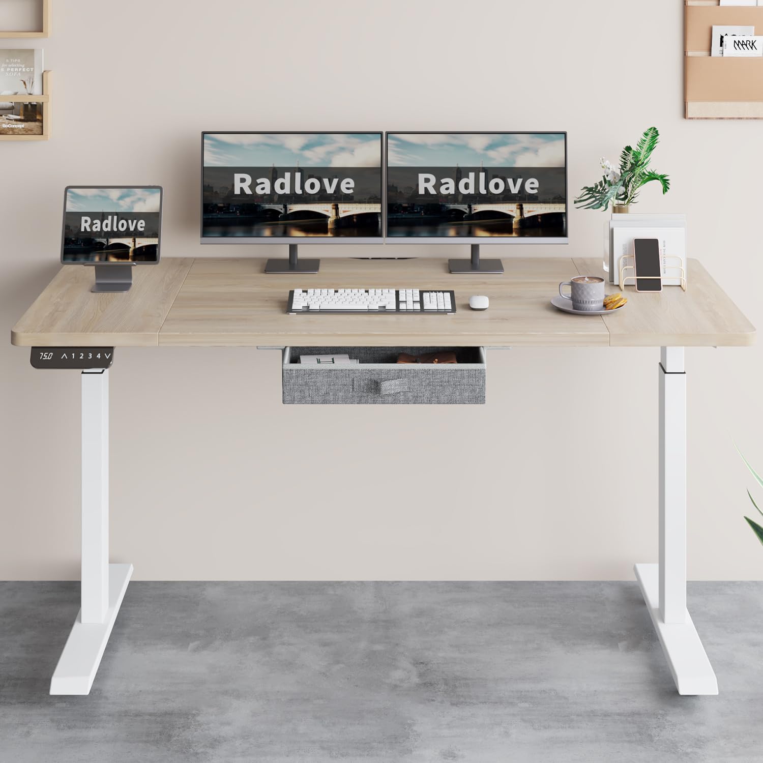 Radlove Dual Motors Height Adjustable 63 x 30'' Electric Standing Desk with Drawer Stand Up Table 4 Memory Keys, Computer Desk with Splice Board Home Office Desk, Oak Top + White Frame