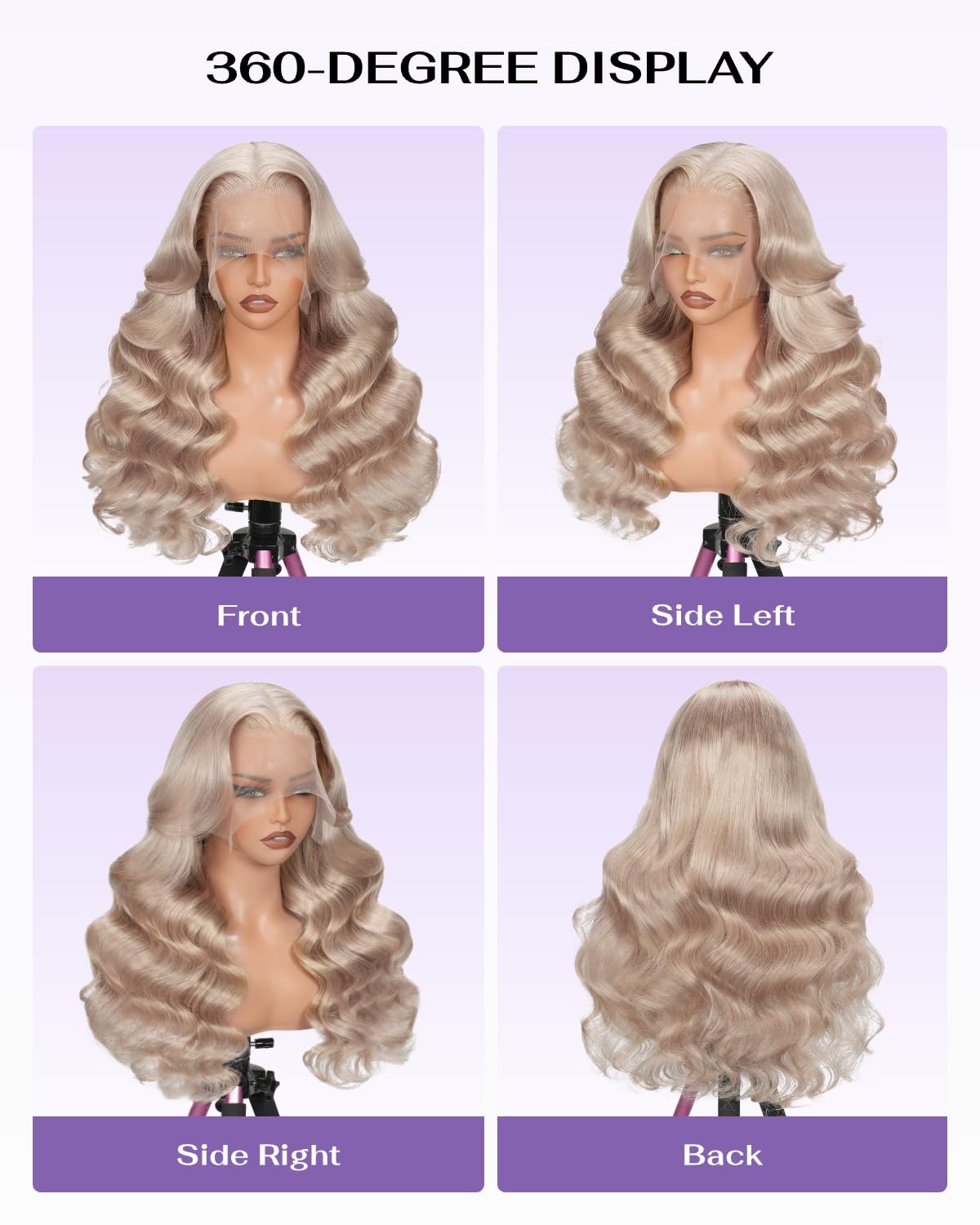 Hidden Strap Milk Tea Ash Blonde Wig Human Hair Body Wave 360 Lace Front Wig Human Hair Ombre Glueless Wigs Pre Bleached Bleached Knots 180% Density Drawstring HD Full Lace Wigs 26Inch