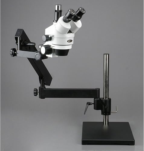 Miniatura 2 de AmScope SM-7TX-FRL Microscopio de zoom estéreo trinocular profesional, ocular WH10x, aumento de 3.5X-45X, objetivo de zoom 0.7X-4.5X, luz de anillo