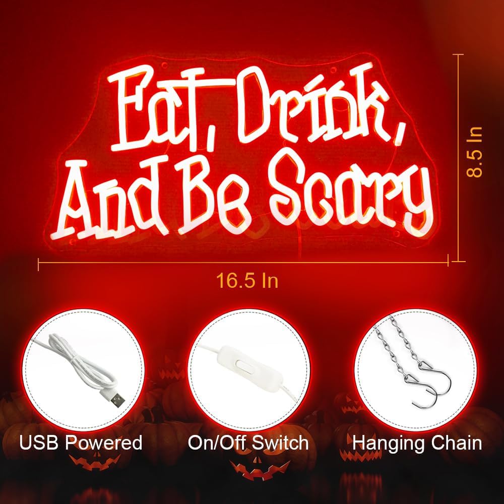 Eat Drink And Be Scary Neon Sign Halloween Neon Light for Wall Decor Dimmable Spooky Led Light Up Sign for Horror Room Window Home Bar Party Gothic Font Halloween Decoration image 5