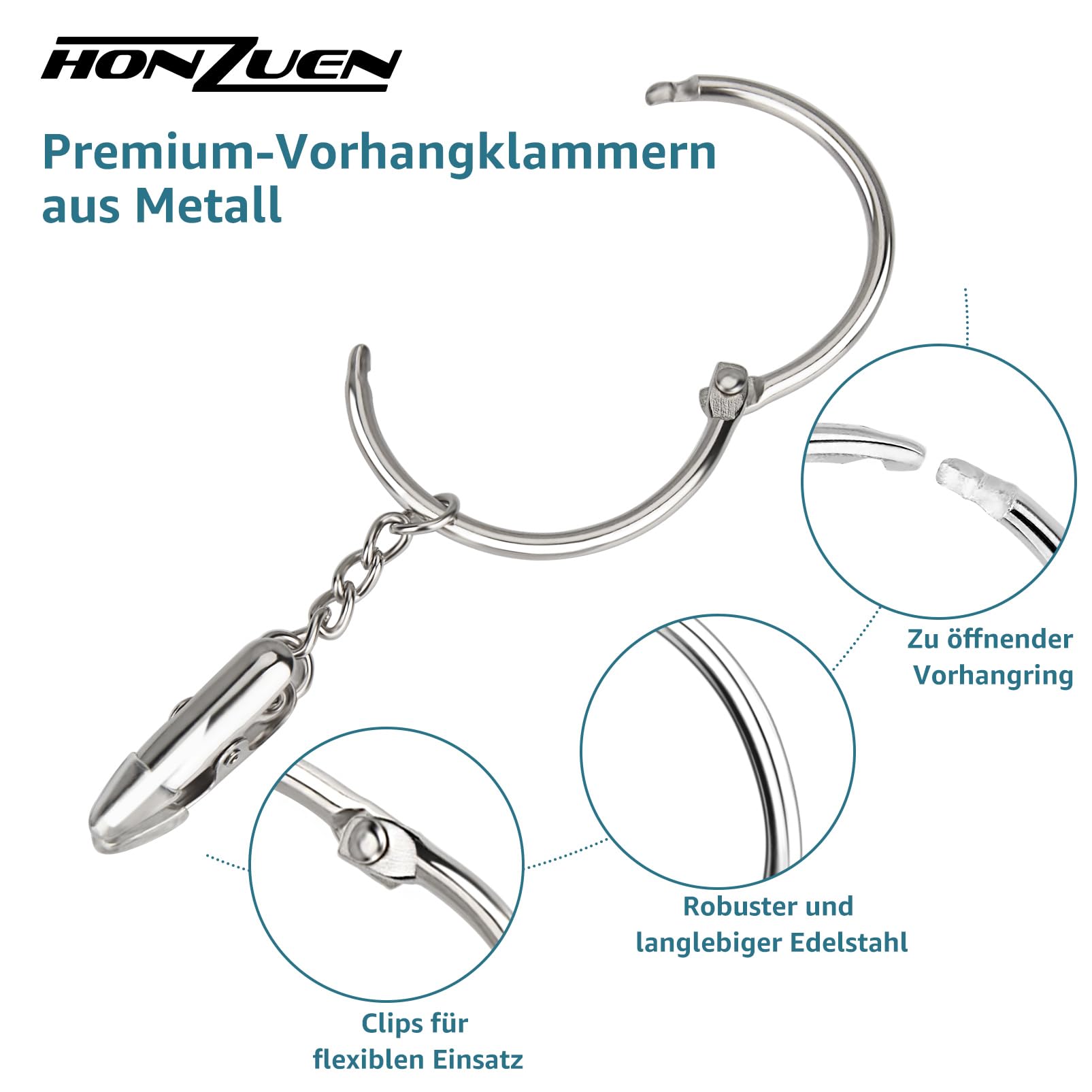 HONZUEN Lot De 20 Anneaux Rideaux Avec Pinces Et Couvercle Silicone - Oeillets INOX Pour Tringle Rideau Douche Et Fenêtre