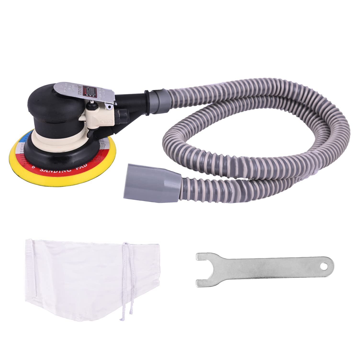 IZOM IZ-991LA 6" (150mm) Pneumatic Random Orbital Sander with Hose and Suction Bag Ideal for Fine Finishing on Woods, Metals & Composites