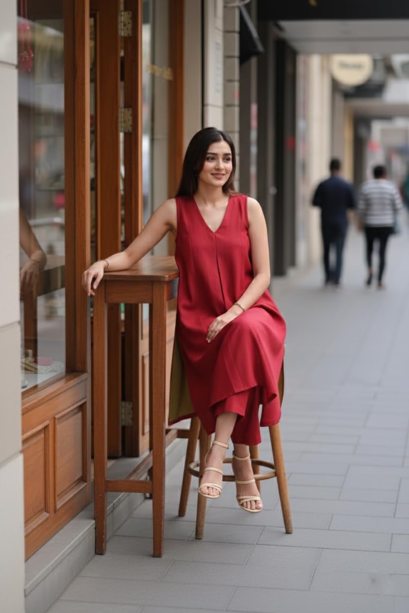 ANNI Designer Kurta damska rayon wiskoza, rozkloszowana, jednokolorowa, ze spodniami, bez rękawów, dekolt w serek, elegancki zestaw kurta, miękki, oddychający materiał, etniczna sukienka biurowa