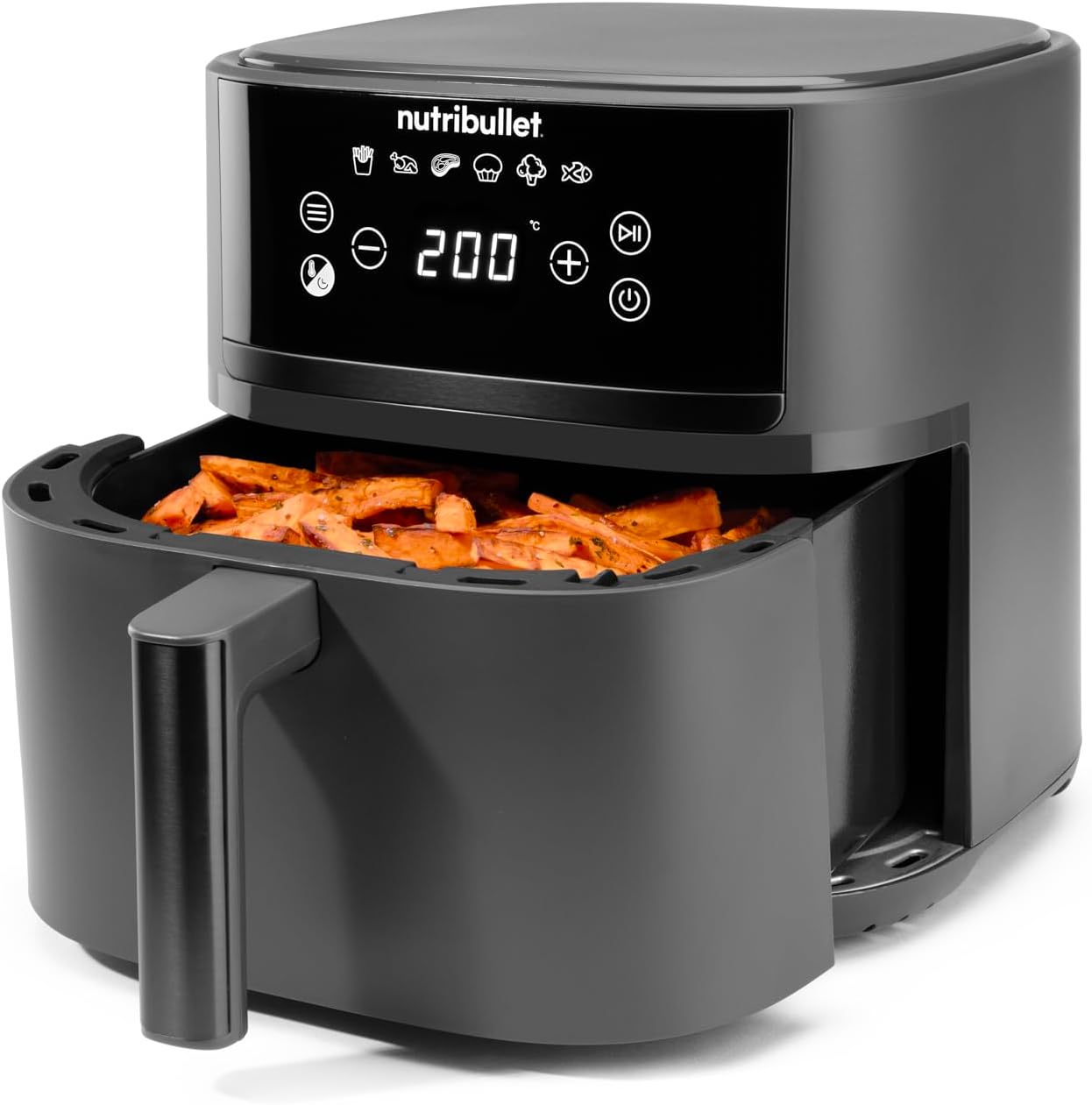 Nutribullet Air Fryer with basket pulled out, showing food