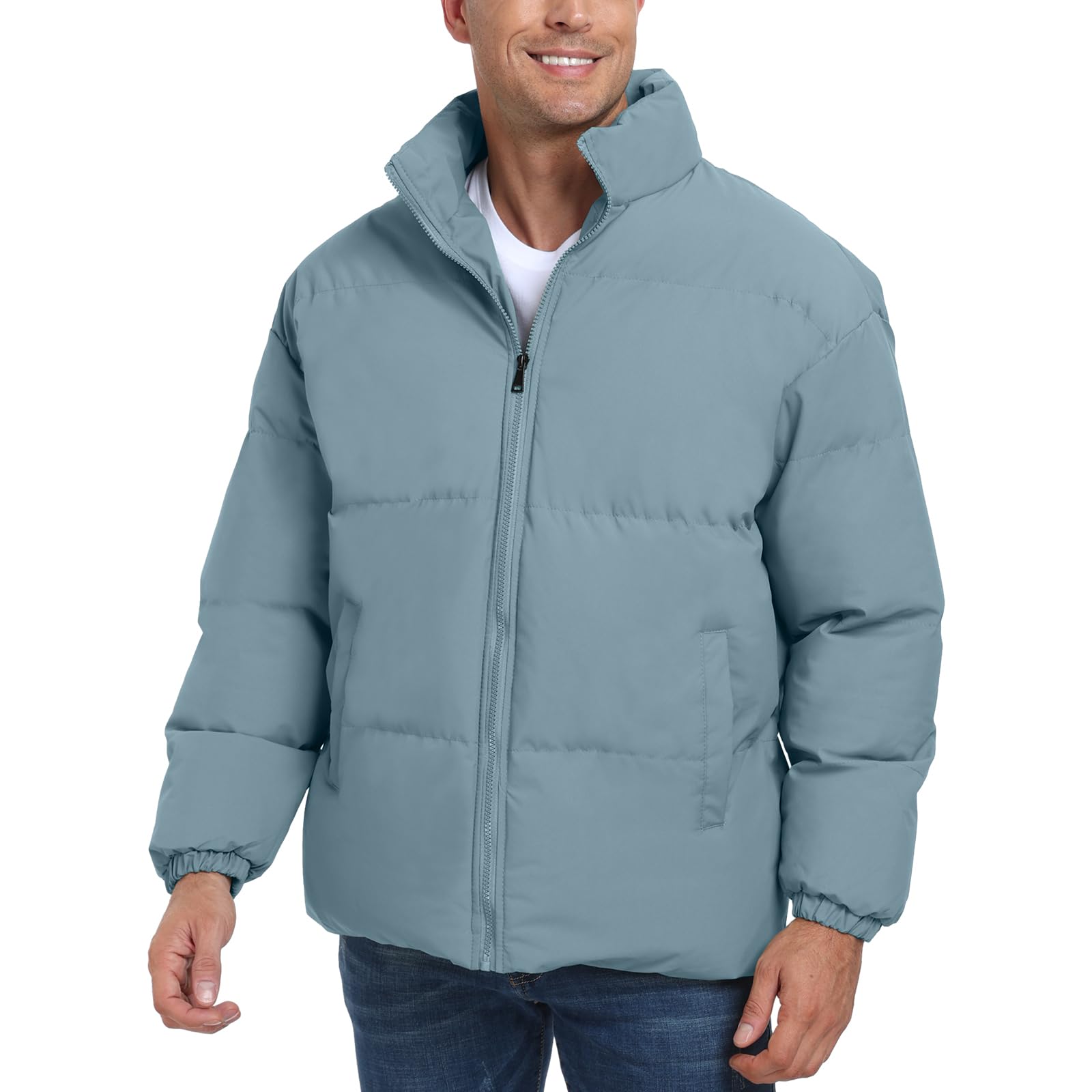 Mens Padded Jacket,Stand Collar Windproof Down Jacket,Full Zipper Outerwear Puffer Coat A05 Light Blue XL