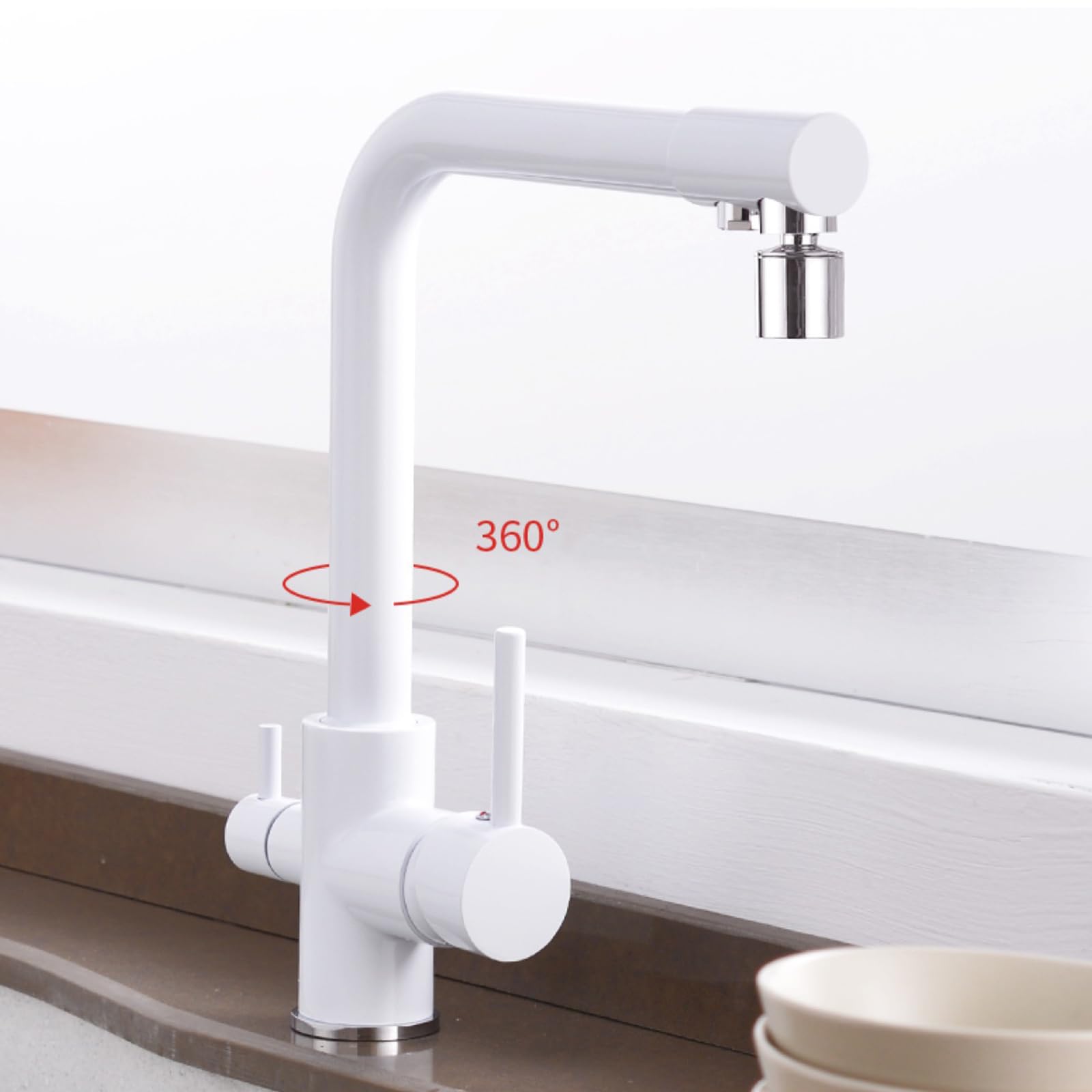Robinet 3 Voies Filtre A Eau Robinet avec 2 Fonction Jets 360 ° Rotation Blanc