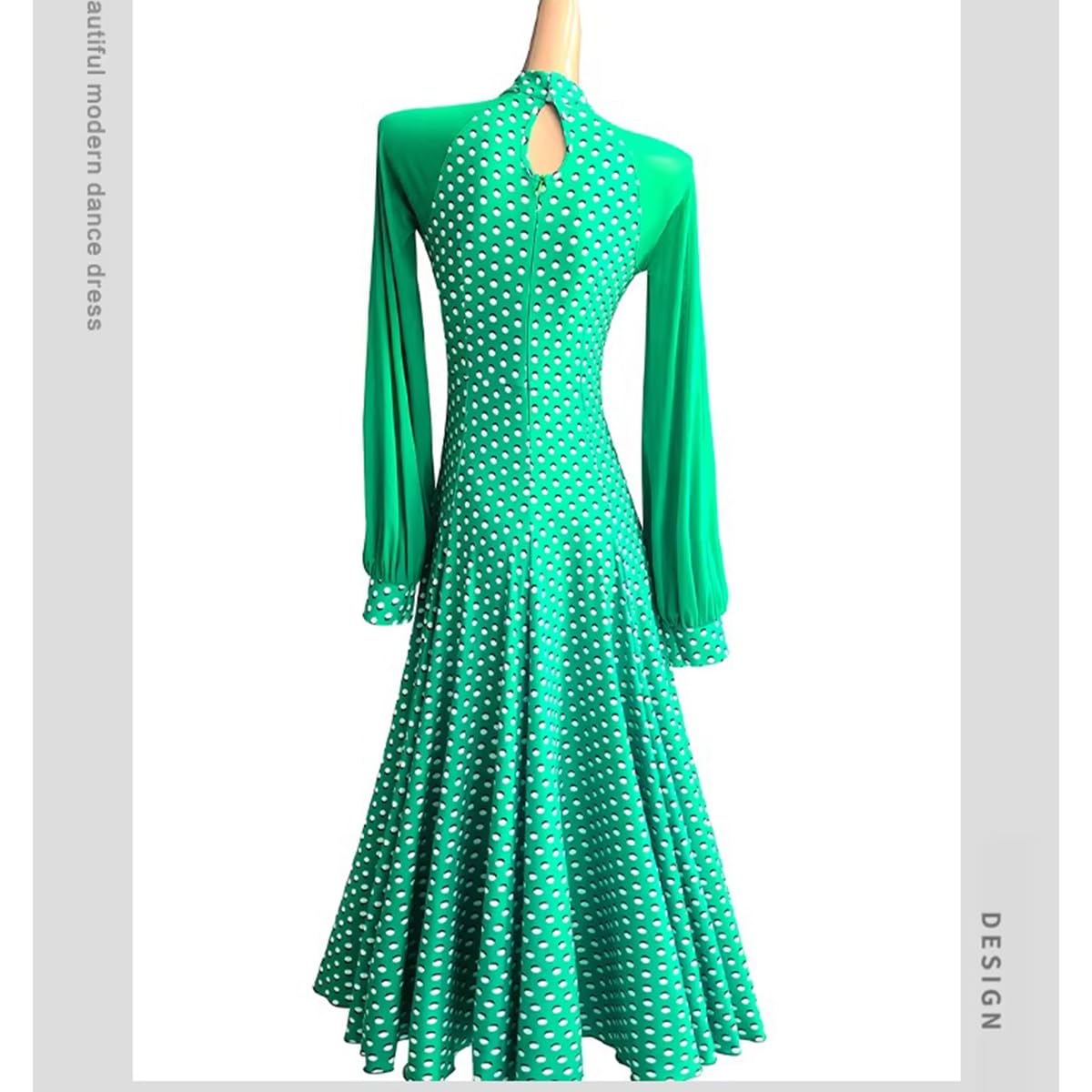 Damen Grüne Tupfen Standard Ballroom Kleid– Modernes Langärmlige Walzer Tango Tanzkleider Flamenco Wettkampf und Aufführungskleid Lyrisch Tanzkleid Gesellschaftstanzkleid