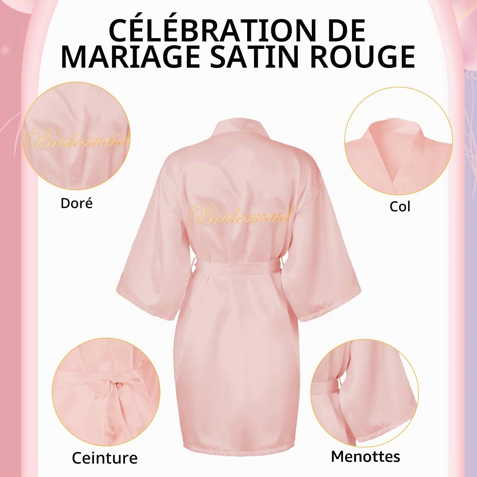 10 pièces de robes de bain en satin pour mariée, demoiselles d'honneur – 1 peignoir de bain blanc pour mariée, 9 robes de bain en satin rose pour demoiselles d'honneur, mariage, enterrement de