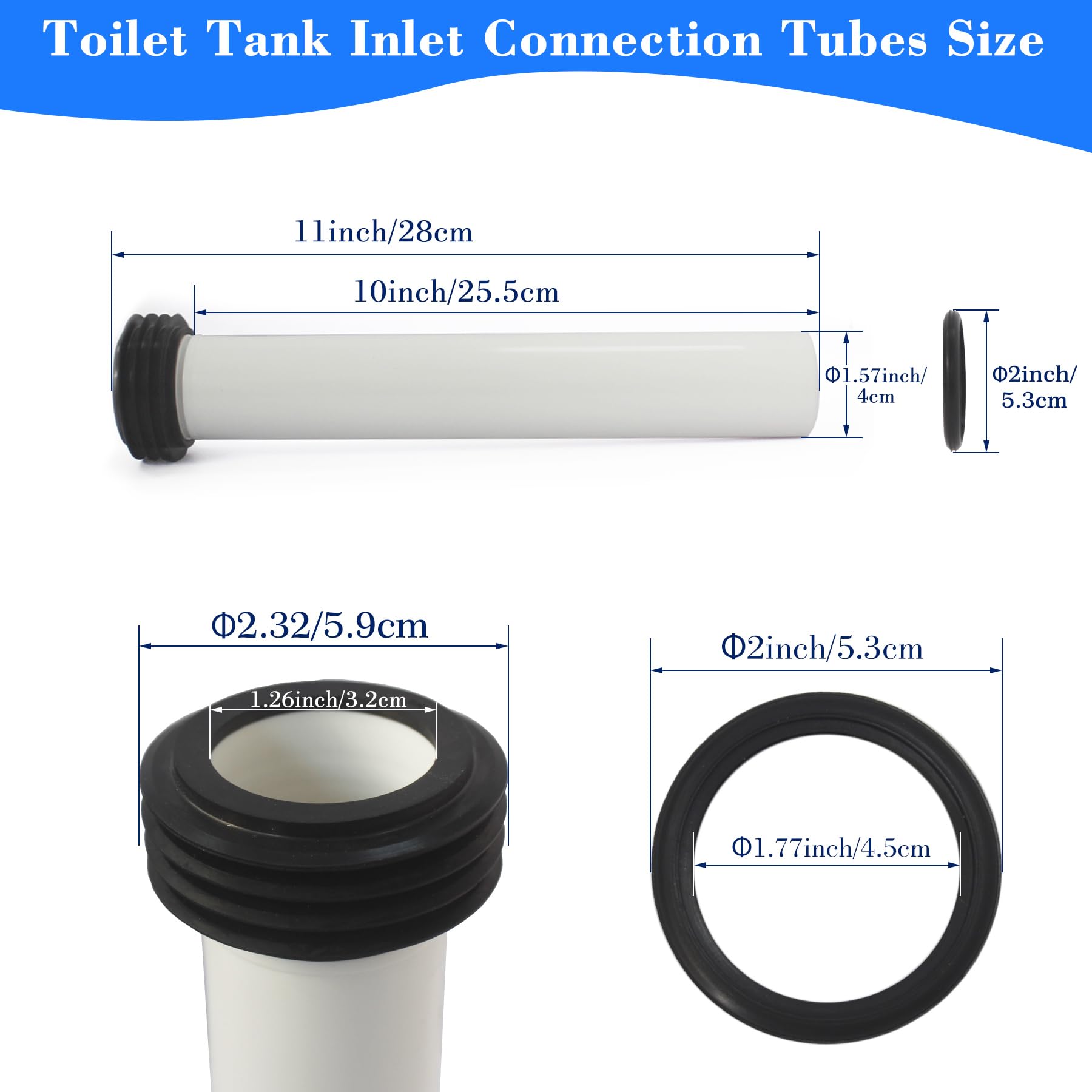 Universelles WC-Spülrohr, Einlass- und Auslassverbinder-Set, verlängerter Toilettentank, gerade Verbindungsrohre mit Gummikegel-Dichtung für wandhängendes WC-Installationssystem