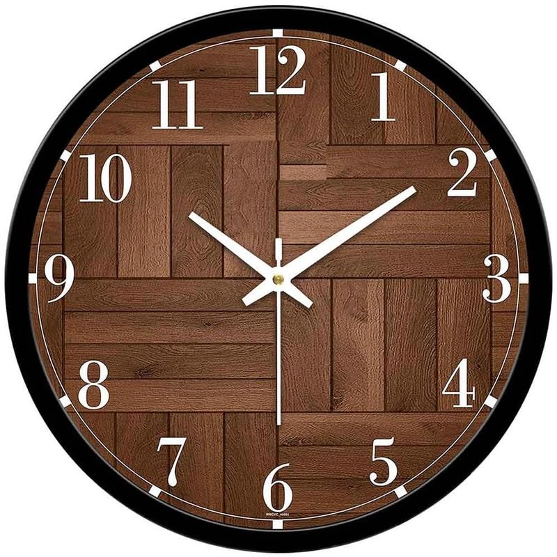 Image of Classic Parquet Wooden Pattern Wall Clock for Living Room Decor | Round Analog Silent Non-Ticking Clock with Black Frame | Modern Farmhouse Wood Grain Watch for Bedroom, Office & Kitchen
