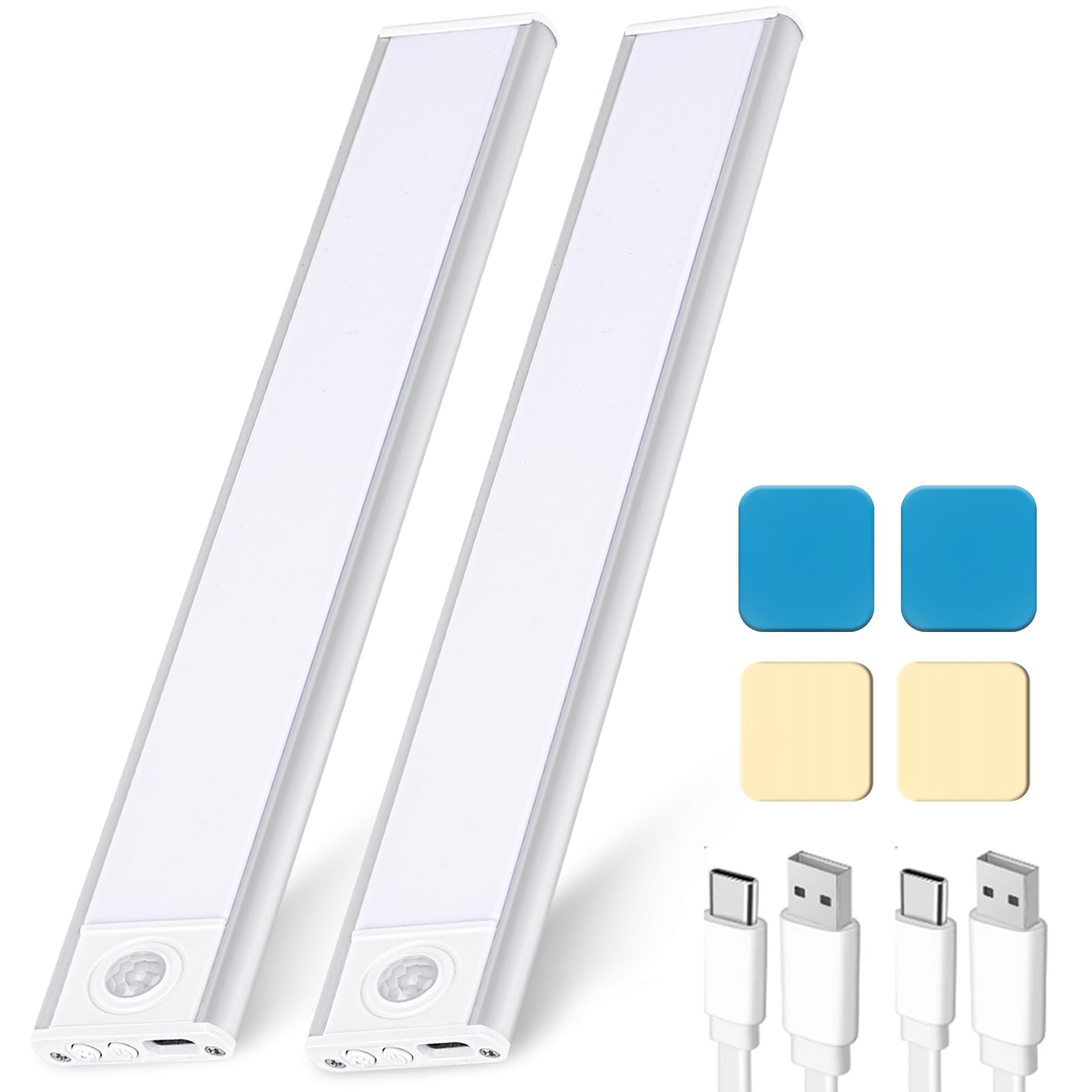 RYDEXCELUnder Cabinet Lighting-Motion Sensor Light Indoor, Rechargeable Battery Operated LED, Wireless, Magnetic Stick-On, Dimmable Closet Counter Lights for Kitchen, Wardrobes, 3 Modes, 2 Pack