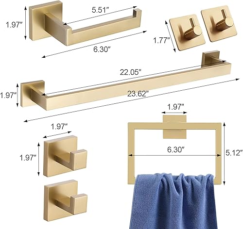 Miniatura 7 de Accesorios dorados de baño de 7 piezas de toallero cuadrado dorado, juego de toallero de baño de acero inoxidable montado en la pared, soporte para