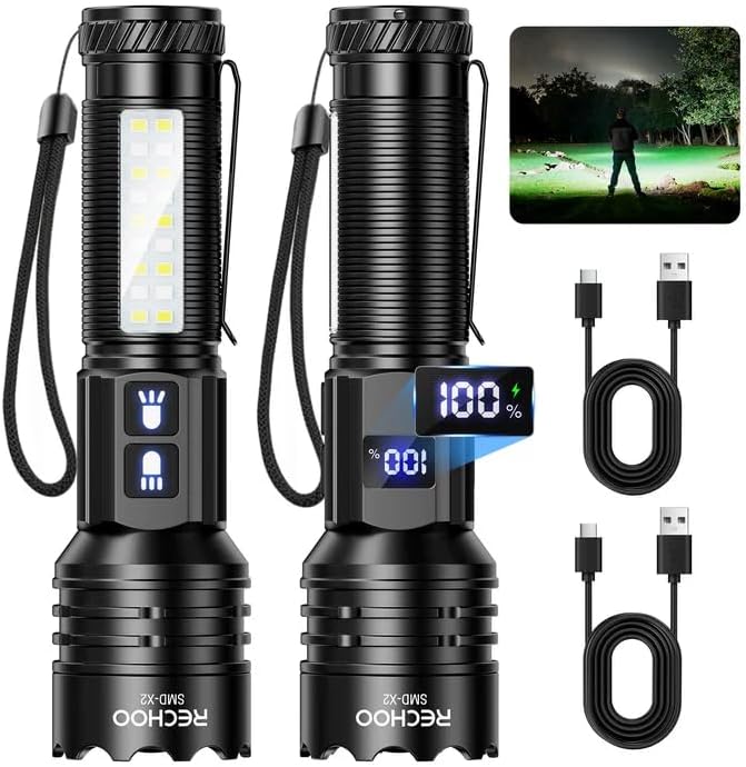 RECHOO Linternas recargables de alto lúmenes, 7 modos de doble interruptor linterna recargable con pantalla digital LCD, linterna súper brillante