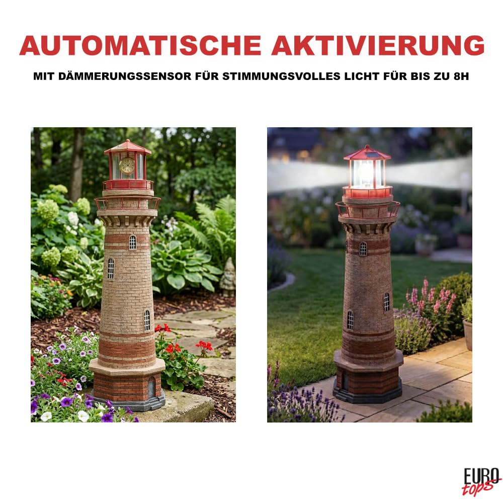 EUROtops Solar-Leuchtturm Kap Arkona Gartenleuchte LED mit Dämmerungssensor, handbemalte Maritime Deko, IP44