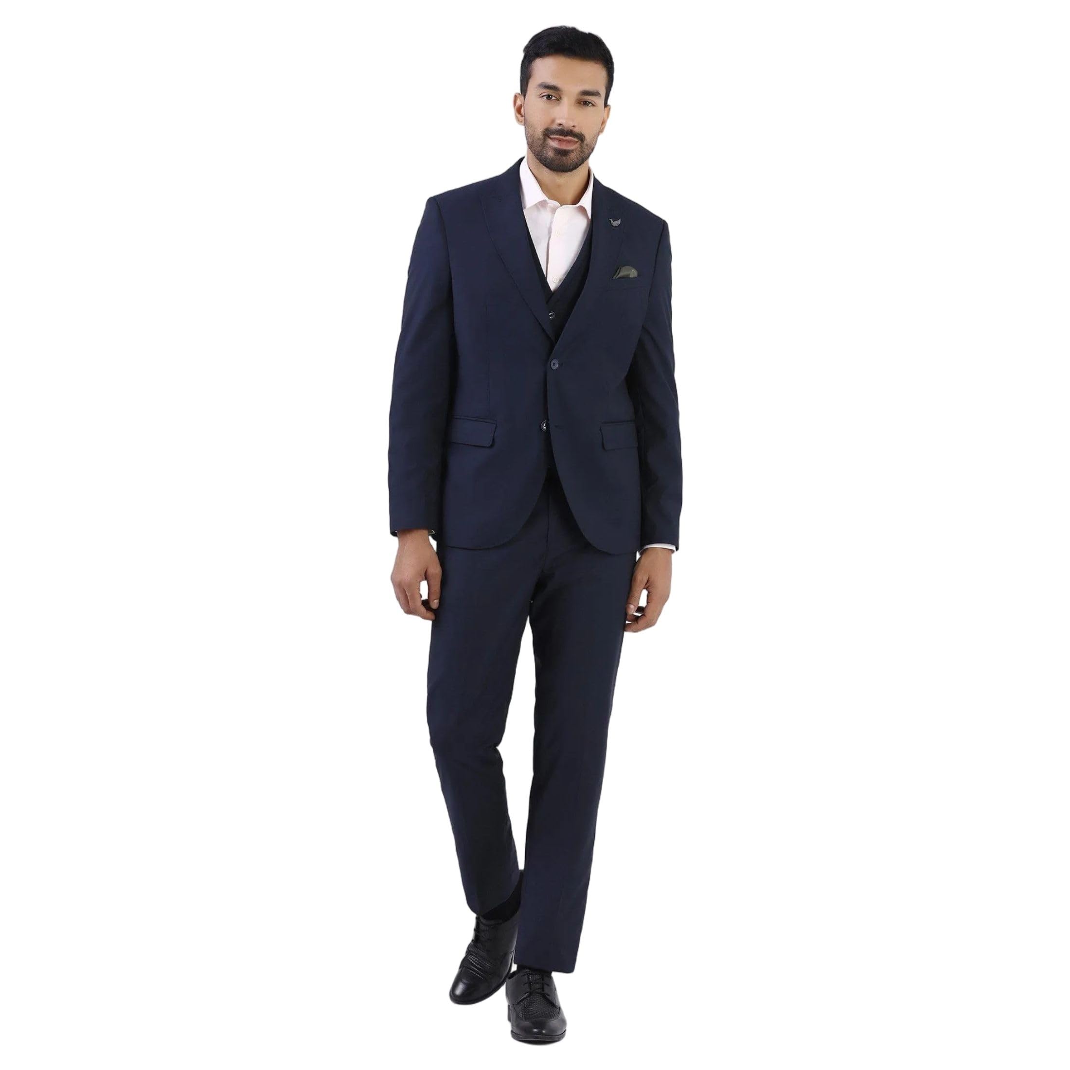 Men's Navy Poly-Blend Textured Slim Comfort 3-Piece Suits-image-7