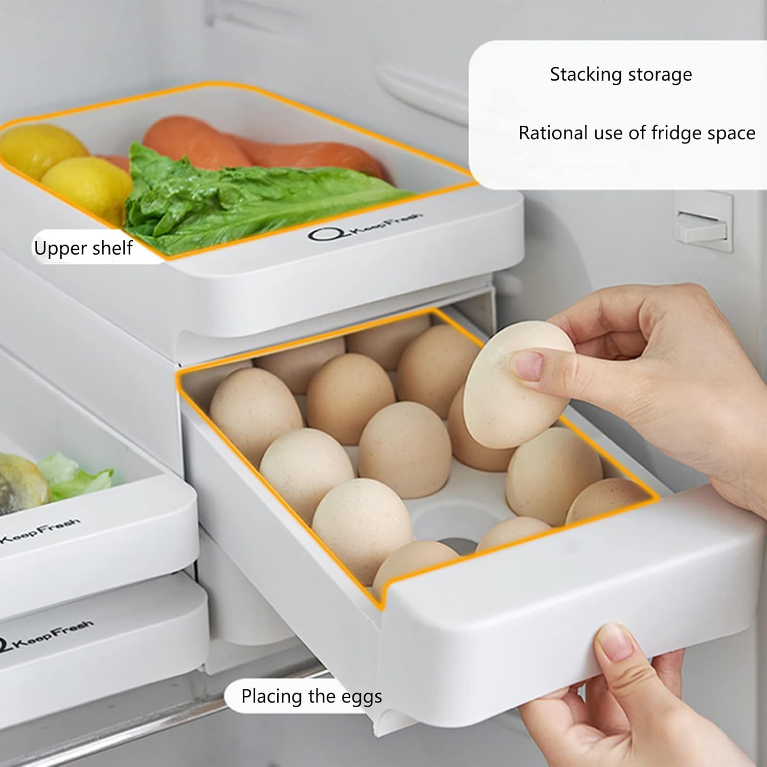 Egg Drawer Tray 3 Layer Drawer Type Egg Storage Box Large Capacity Egg Tray Stackable Plastic Egg Container for Fridge-B 11.8x6.7x5.1inch (C 11.8x6.7x8.1inch)