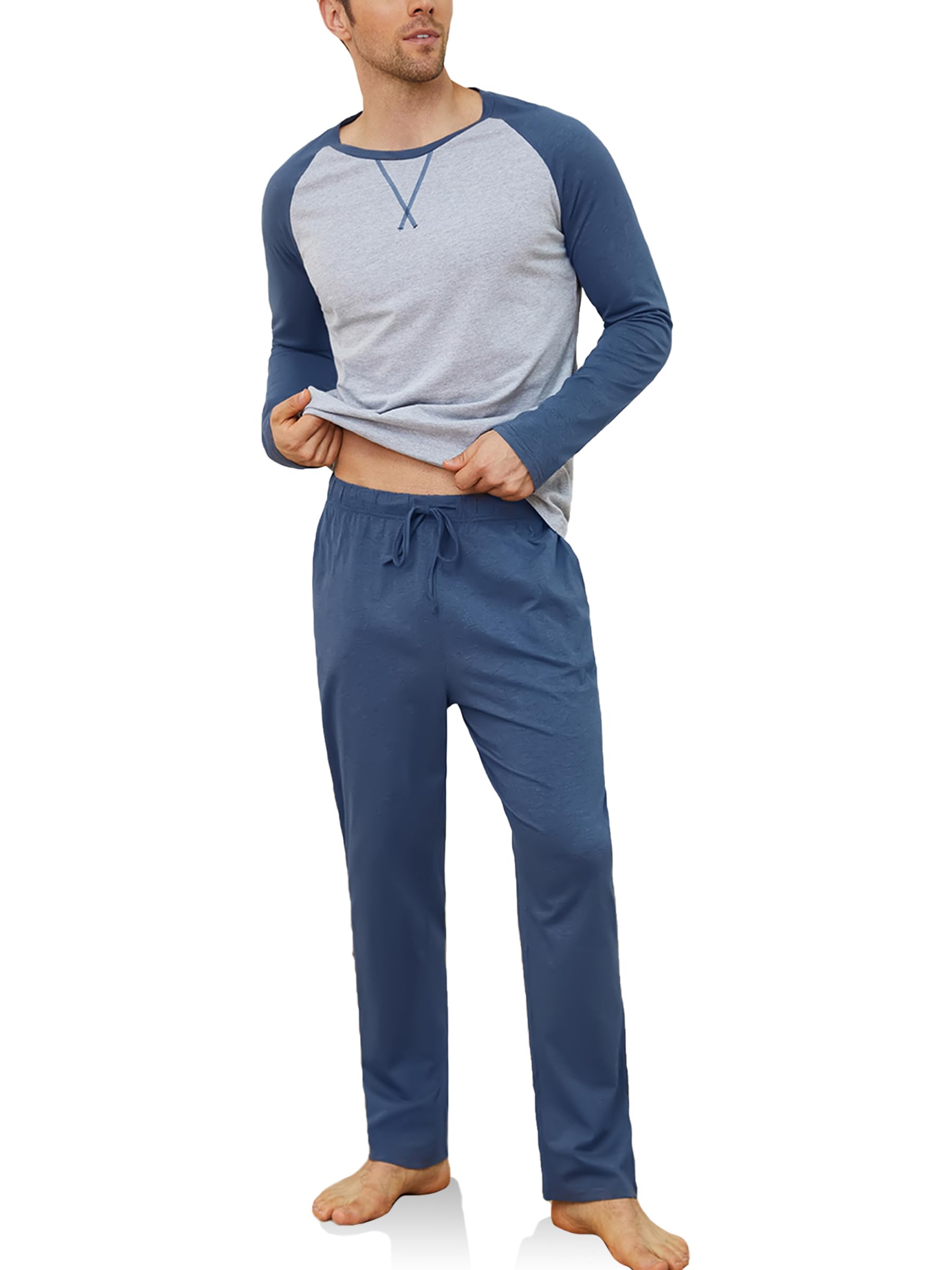 Reliwel Pigiama Uomo Cotone Leggero Pigiama Uomo Cotone Lungo Colori Contrastanti Girocollo a Maniche Lunghe e Pantaloni Due Pezzi Leggero Morbido