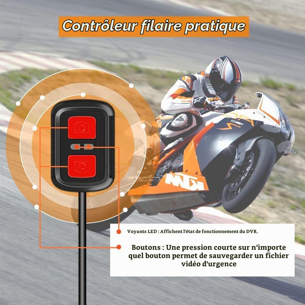 VSYSTO Dashcam Moto, Grand Angle de 130° Caméra de Moto Avant et Arriere 1080P, Camera Velo étanche, WiFi Dash Cam Moto avec Vision Nocturne Starlight, Capteur G, WDR, Enregistrement en Boucle
