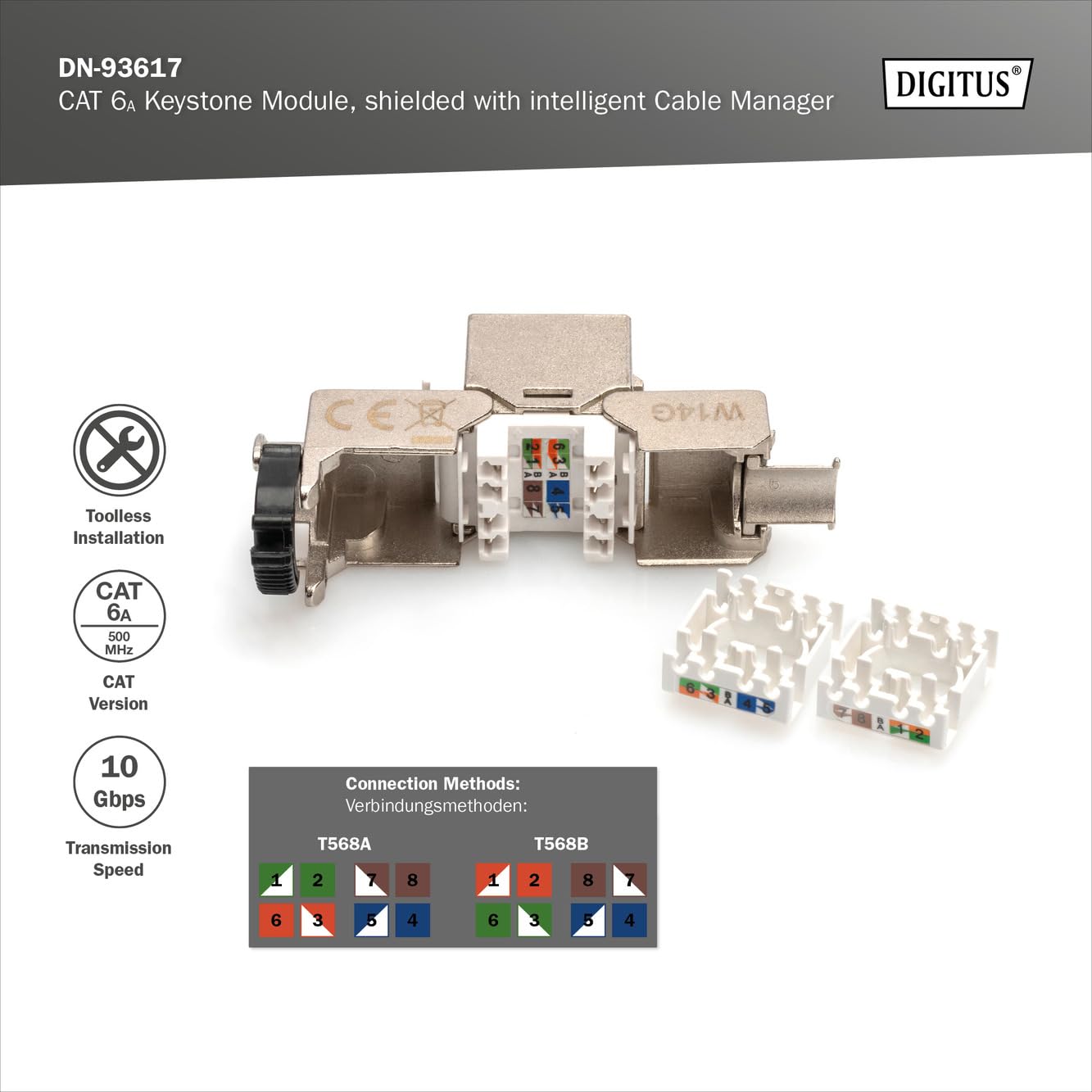 DIGITUS Modulo Keystone Cat-6A schermato RJ45 Jack 500 MHz 10GBase-T AWG 26-22