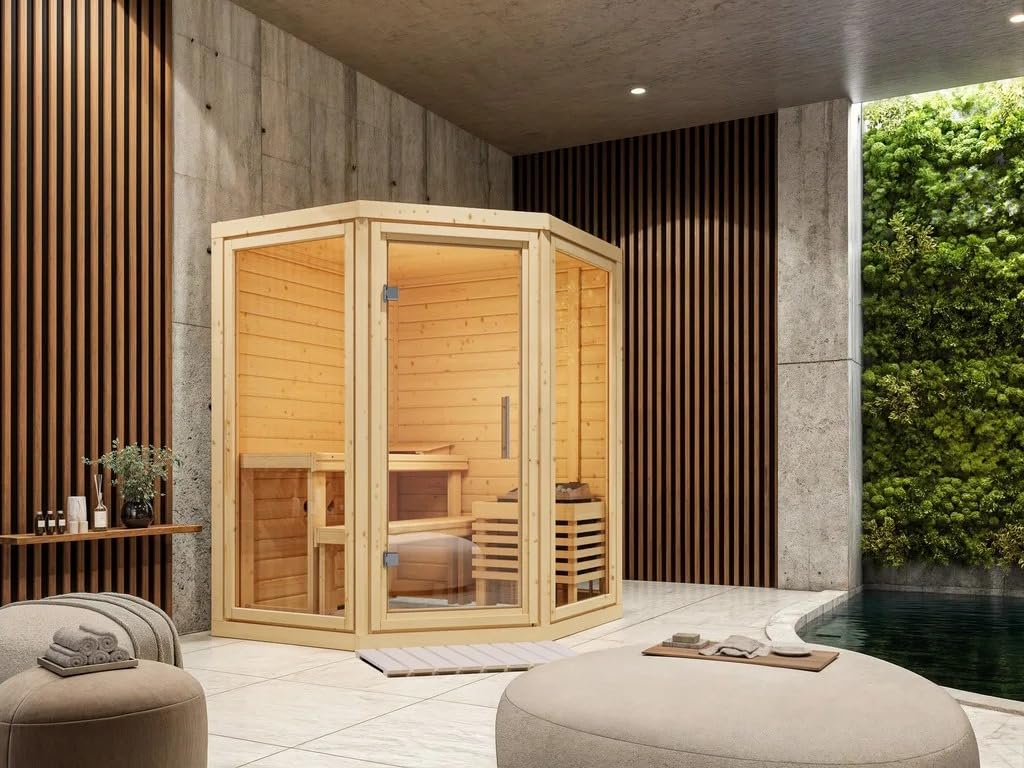 Yalda, Braun, 158x158x207 cm, Massivholzsauna, Eckdesign, 9 kW Ofen, externe Steuerung, inklusive Liegen, SPARSET Set, 0 x 0 x 0 cm