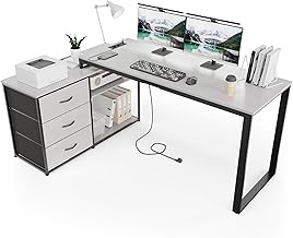 TRIUMPHKEY Scrivania Angolo per Computer 140x105x75cm,Scrivania con 3 Cassetti,Reversibile Scrivania a Forma di L con 2 Porte di Ricarica USB e 2 Prese di Corrente,Scrivania per Casa Ufficio,Grigio