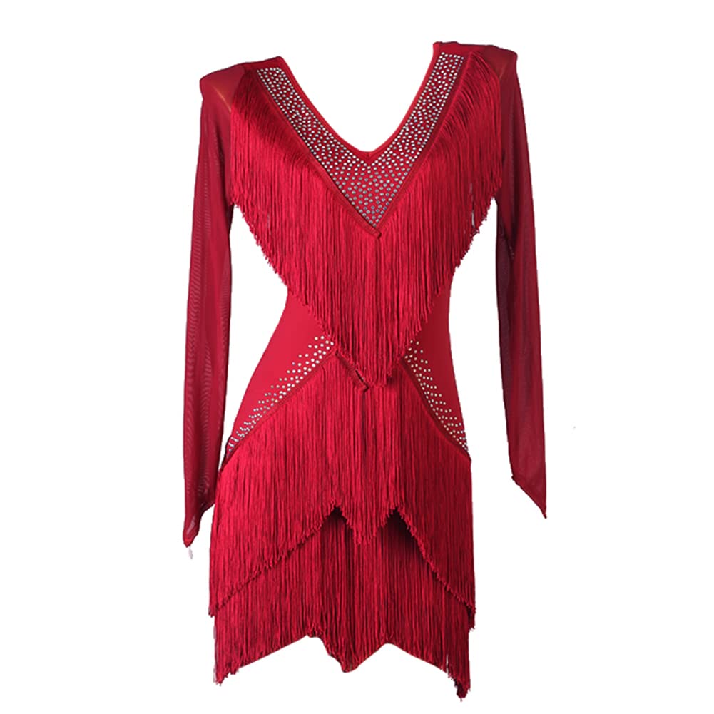 NAKOKOU Women's Training Performance Latin Dance Dress Tassel Crystals Rhinestones Long Sleeve(Wine red,XXL)