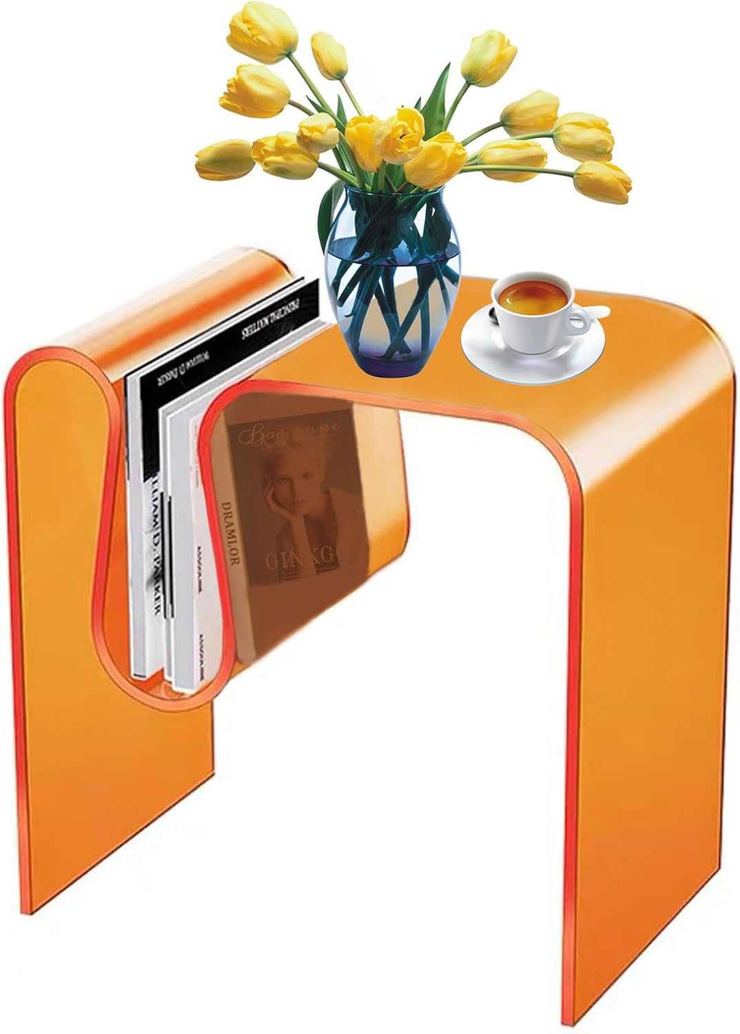 Orange Acrylic Table M-Shaped Acrylic End Table Small Bedroom Coffee Table for Reading, Drinking Coffee or Cocktails | 17.7 x 11.8 x 17.7inches