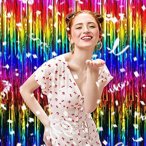 Image of 3 Pack Rainbow Foil Fringe Curtain Backdrop, 3.28Ft x 9.8Ft Metallic Tinsel Foil Fringe Streamer Curtains for Photo Booth, Christmas Day, Thanksgiving, Wedding, New Year Party Decorations