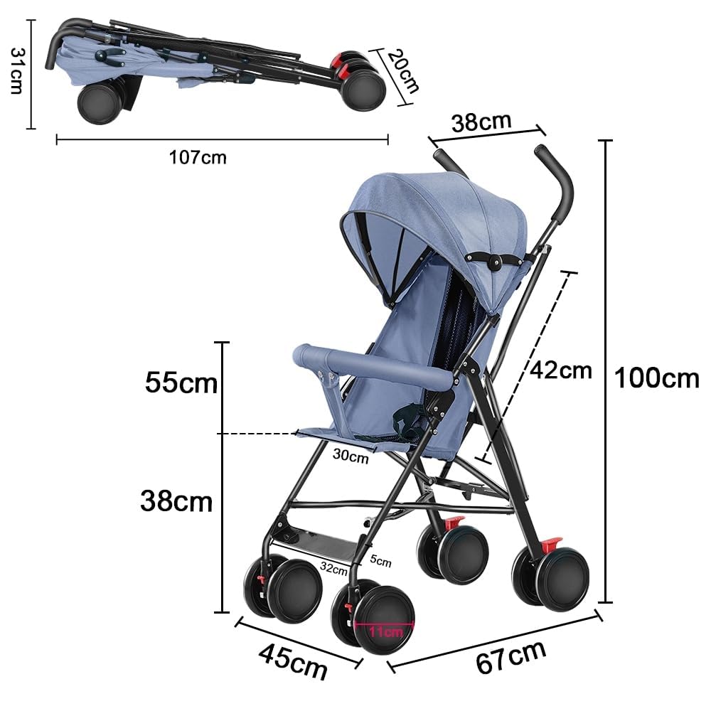 4 Kinderwagen mit leichtem Rahmen, mehreren Positionen, kompakt und leicht, für 6 Monate bis 4 Jahre, bis zu 25 kg, Beinstütze, verstellbares Verdeck mit großem Korb - D-blau