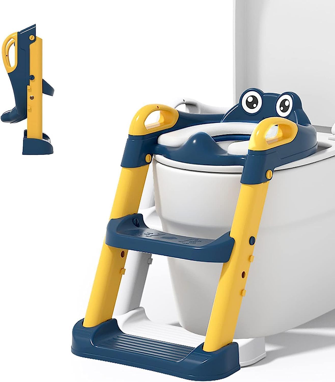 YakiterPotty Training Seat with Step Stool Ladder, 2 in 1 Foldable Seat Anti-Slip Pad Safe Handles for Kids,Adjustable Height Non-Slip Step Ladder Splash Guard