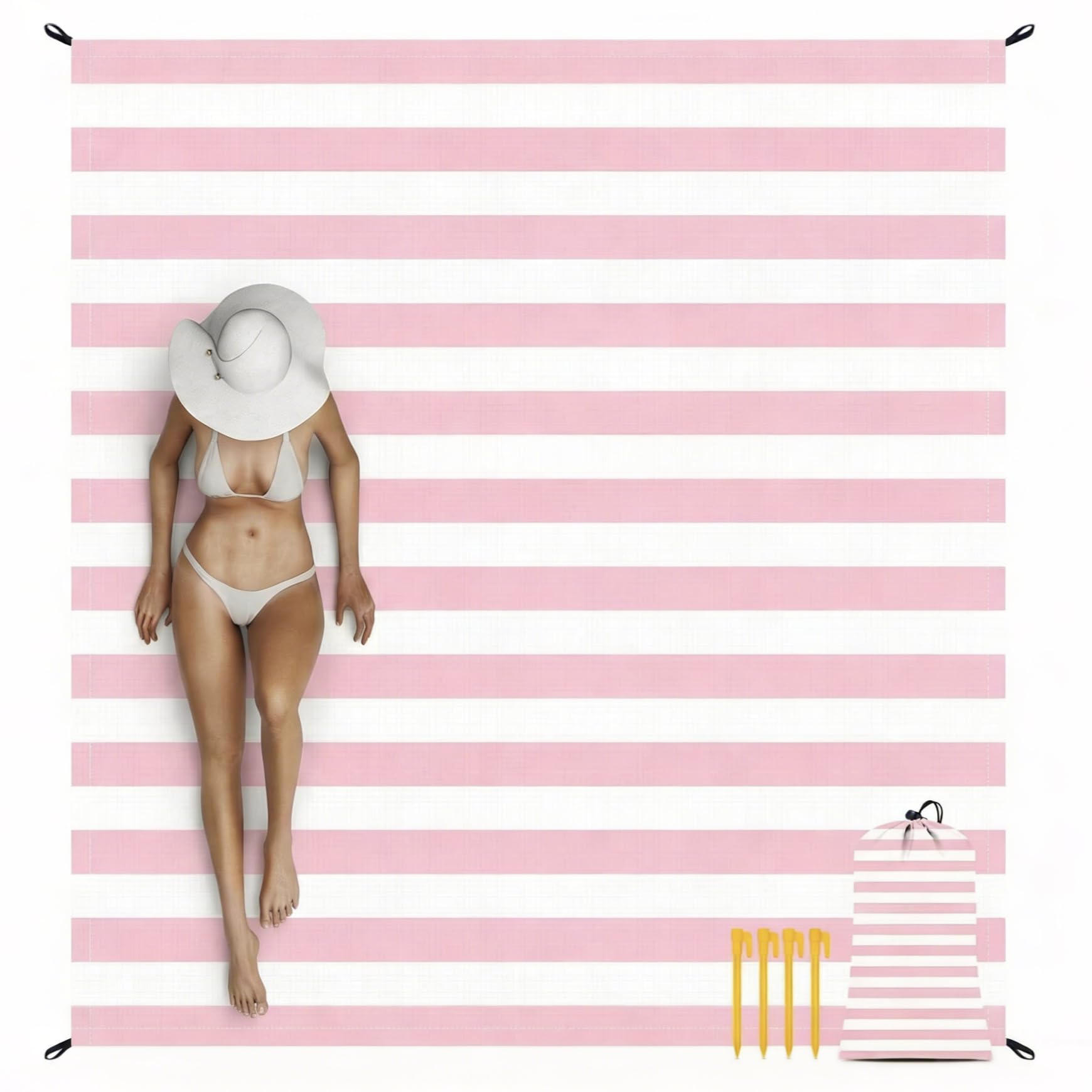Photo 1 of Beach Blanket Waterproof Sandproof, Large 78''×86'' Picnic Blankets for 2-4 Adults with Stakes, Sand Free Compact Pocket Beach Mat, Beach Essentials Necessities Accessories Must Haves-Pink Stripe