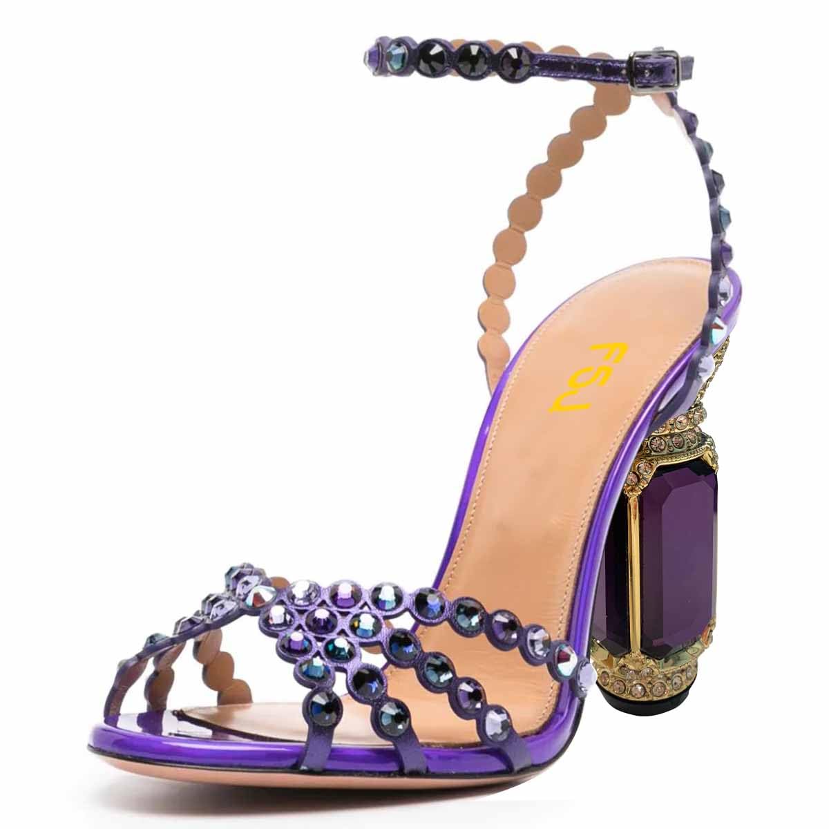 FSJ Women Fashion Open Almond Toe Ankle Strap Sandals Chunky High Heel Crystal Rhinestone Pumps Wedding Party Evening Shoes