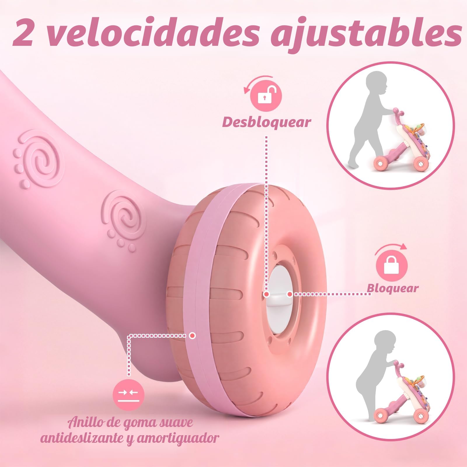 QDRAGON Andador Bebes, Correpasillos Bebe, Tacata Bebe con Actividades, Musical, Velocidad Regulable, 2 en 1 Caminador Bebe, Juguetes Regalo Para Bebés +6 Meses, Rosa