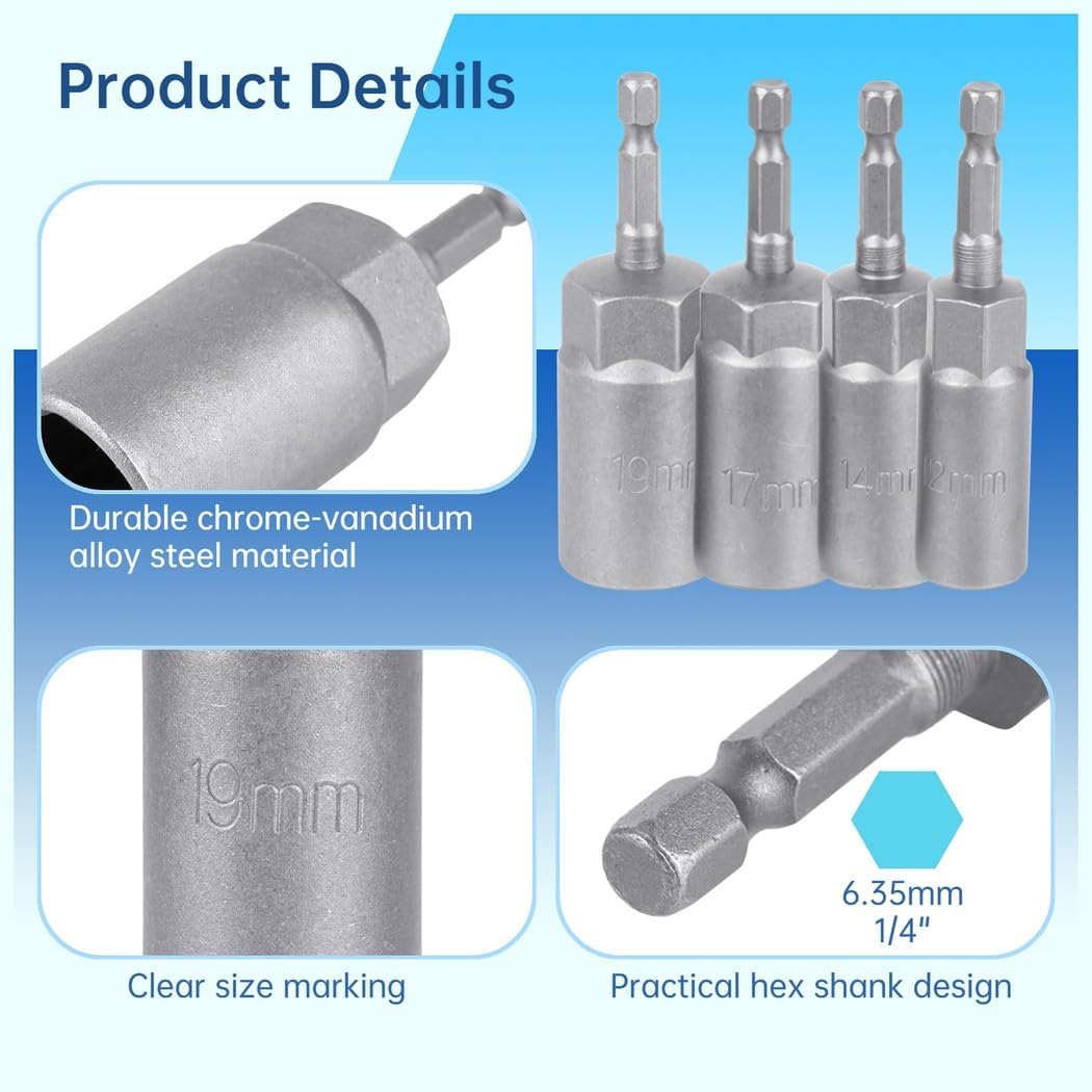 12-Piece Driver Drill Bit Set With 6-19Mm Socket Adapters, Quick-Change Metric Nut Drivers, Impact Screwdriver Bits, 1/4 Hex Shank, Bolt Removal Tools